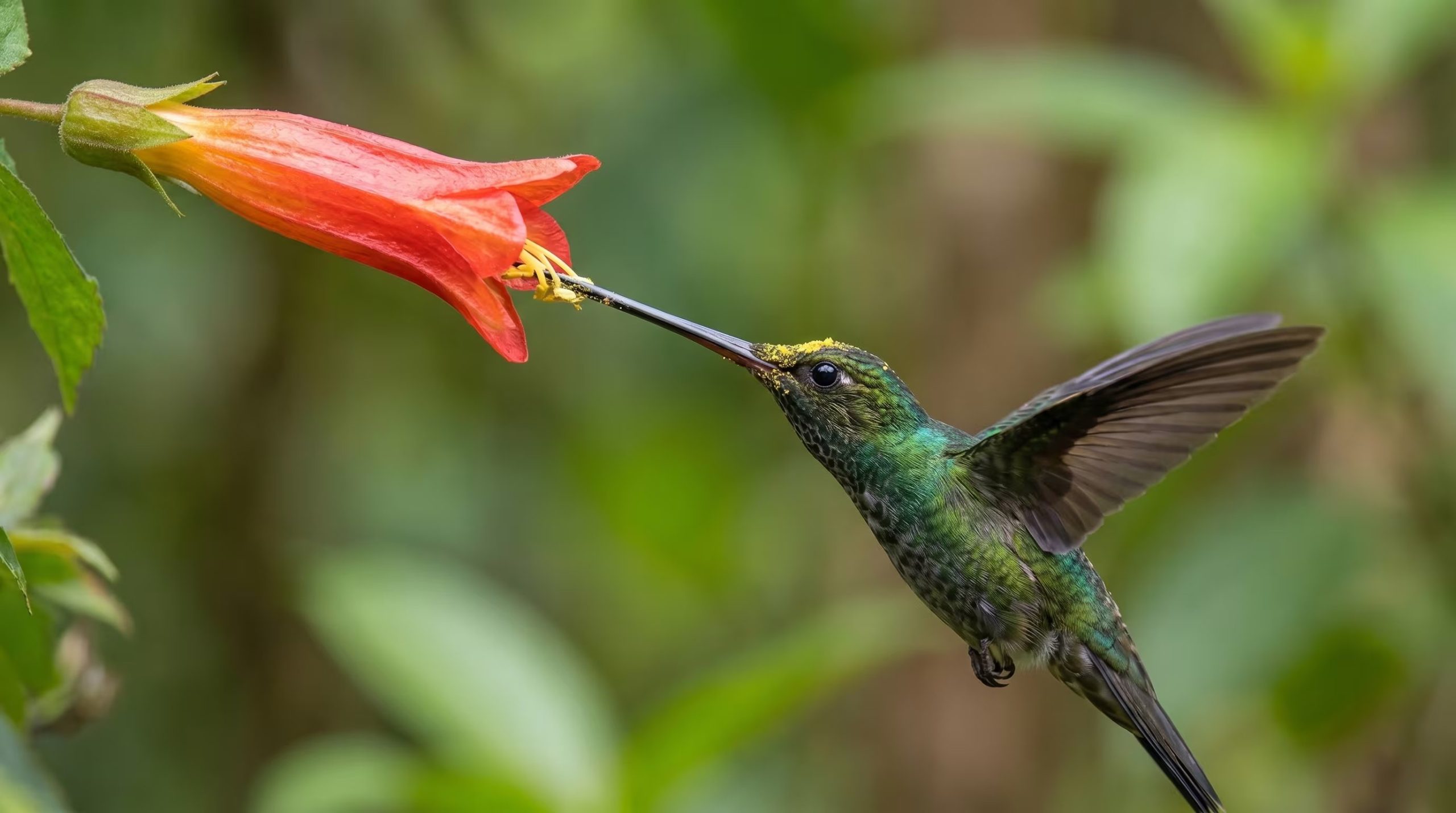 Un colibr&iacute; de plumaje verde iridiscente se alimenta del n&eacute;ctar de una flor tubular roja, con su largo pico cubierto de polen, destacando su papel crucial en la polinizaci&oacute;n. (Imagen Ilustrativa Infobae)