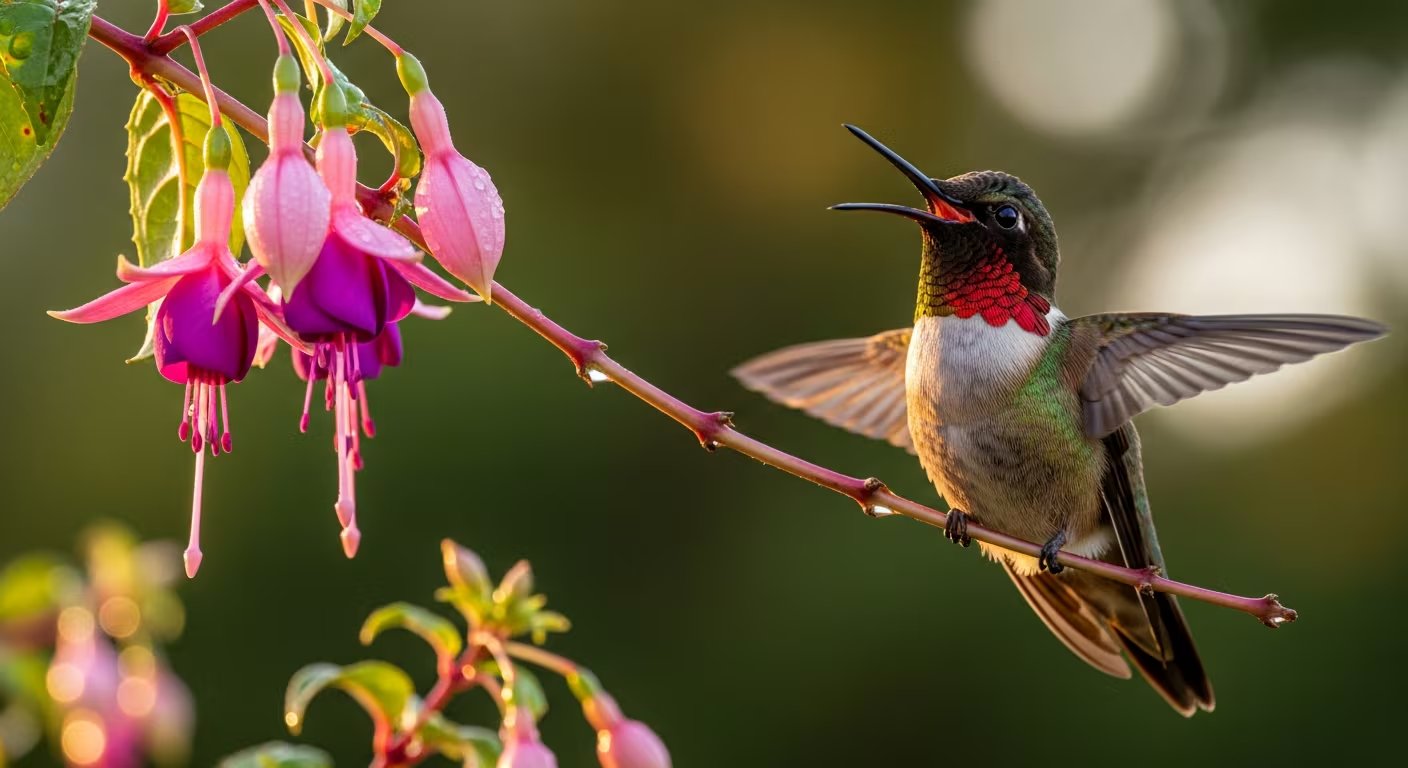 Un colibr&iacute; de garganta roja canta con el pico abierto y las alas extendidas, posado en una rama con flores de fucsia rosadas y moradas cubiertas de roc&iacute;o matutino. (Imagen Ilustrativa Infobae)