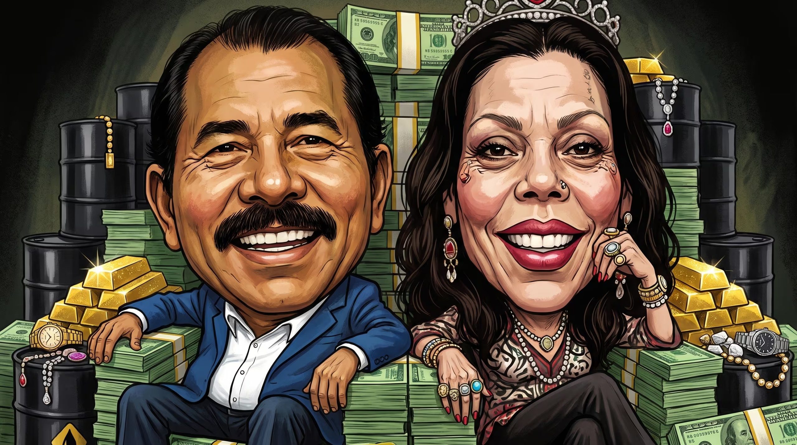 Daniel Ortega y Rosario Murillo, en una caricatura satírica, aparecen sonrientes entre fajos de dólares, lingotes de oro y barriles de petróleo que simbolizan riqueza y poder. (Imagen Ilustrativa Infobae)