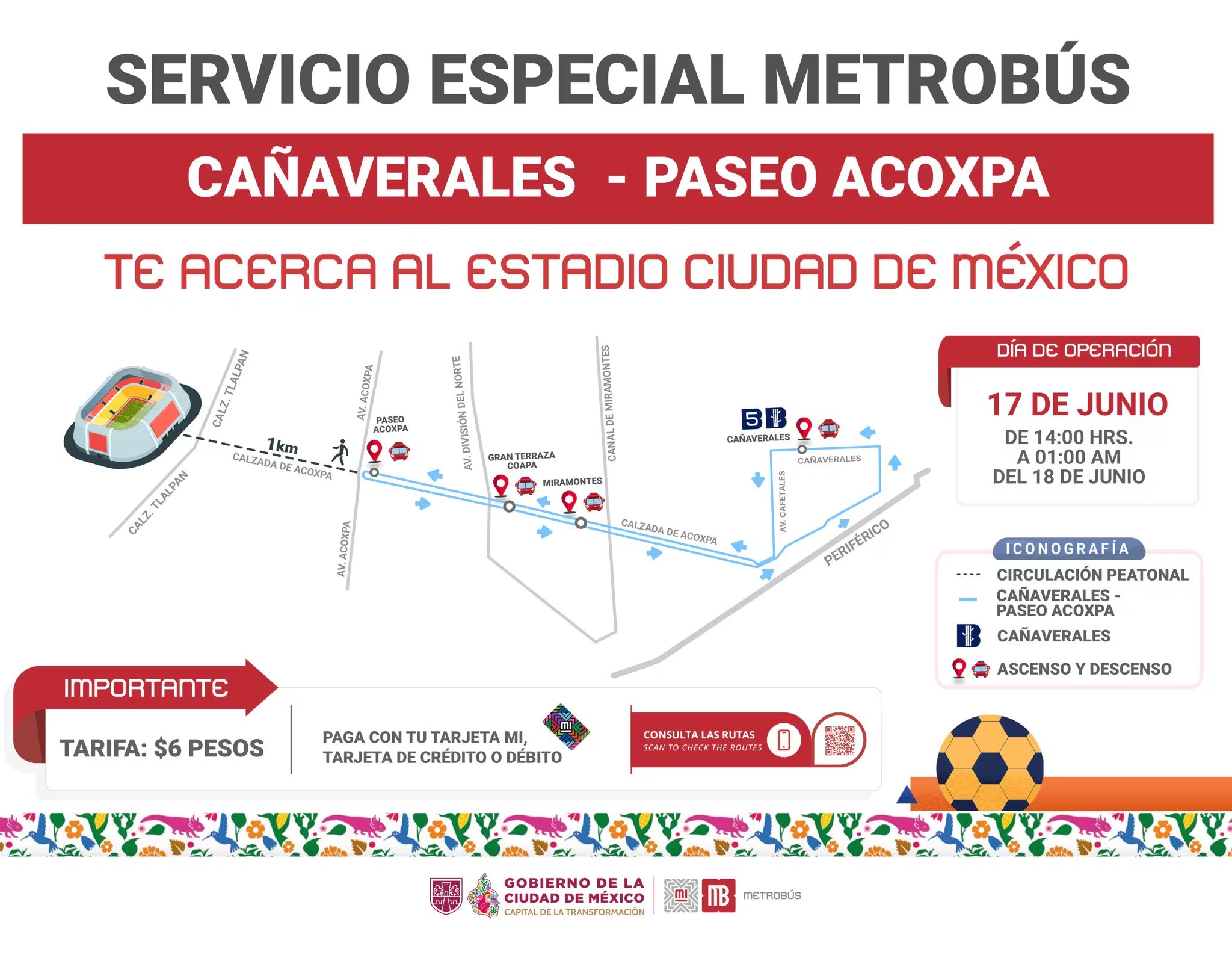 Este miércoles a las 20:00 horas, en un partido que obliga a la ciudad a activar un operativo de movilidad con Metrobús extendido y cierre total del perímetro por nueve horas.(@MetrobusCDMX)