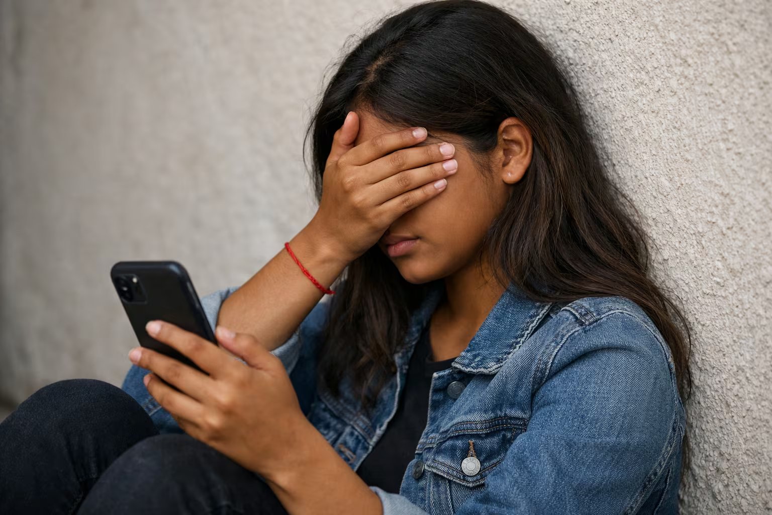 Una adolescente de piel morena, visiblemente preocupada, cubre su rostro con una mano mientras sostiene un teléfono celular, recostada contra una pared texturizada. (Imagen Ilustrativa Infobae)