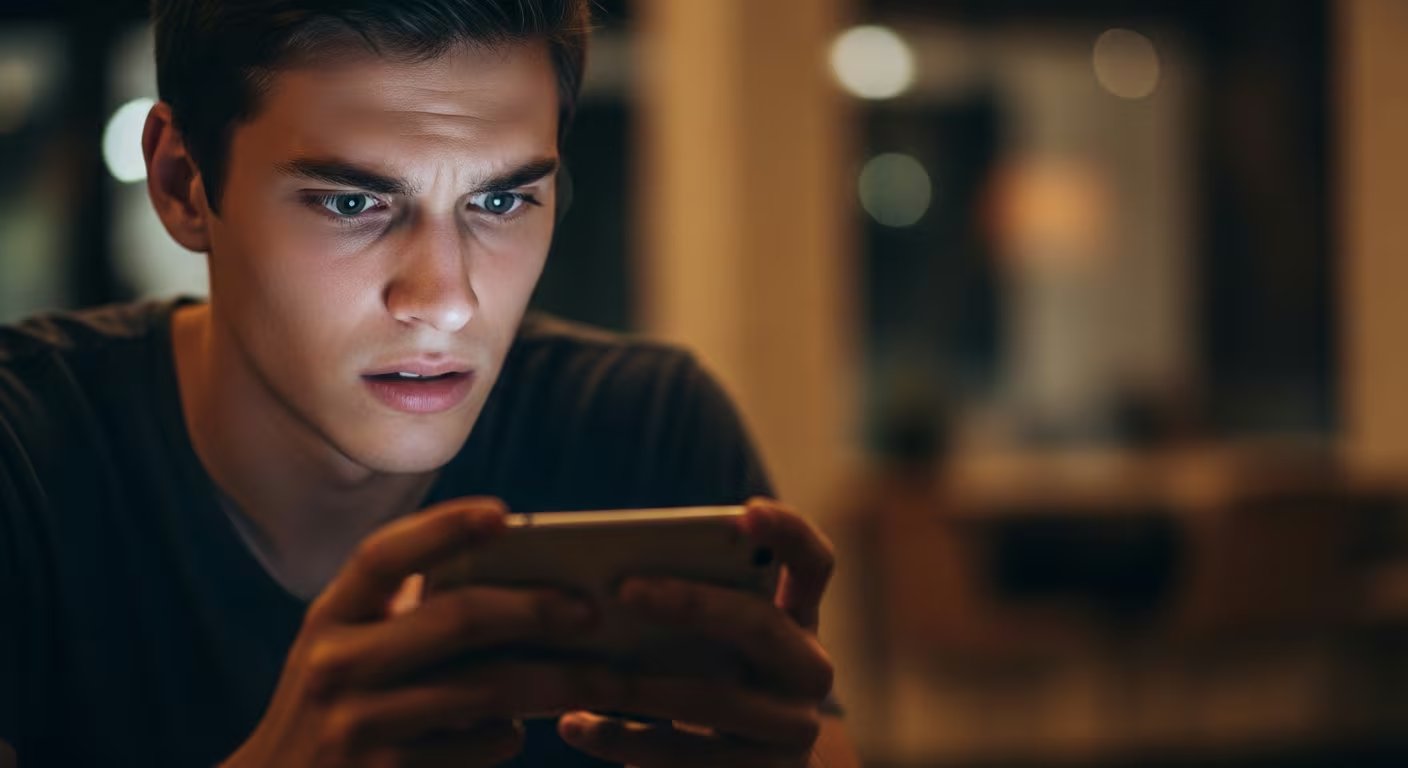Un joven con el ceño fruncido y una expresión de preocupación mira intensamente la pantalla de su teléfono móvil en un ambiente oscuro. (Imagen Ilustrativa Infobae)