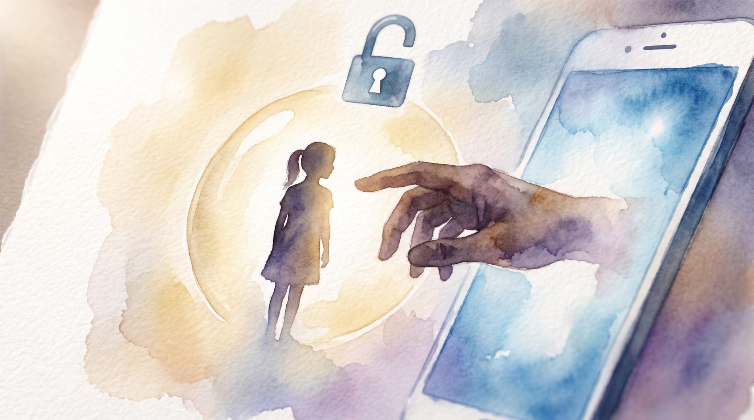 Una mano adulta emerge de un teléfono celular para alcanzar la silueta de una niña dentro de una burbuja de protección, sobre la cual se muestra un candado abierto. (Imagen Ilustrativa Infobae)