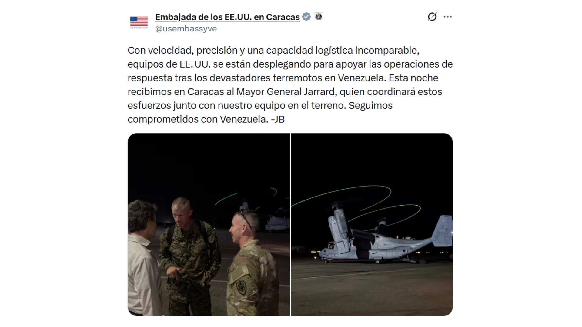 Llegó a Caracas el Mayor General James B. Jarrard para liderar “con velocidad y precisión” la ayuda de Estados Unidos (@usembassyve)