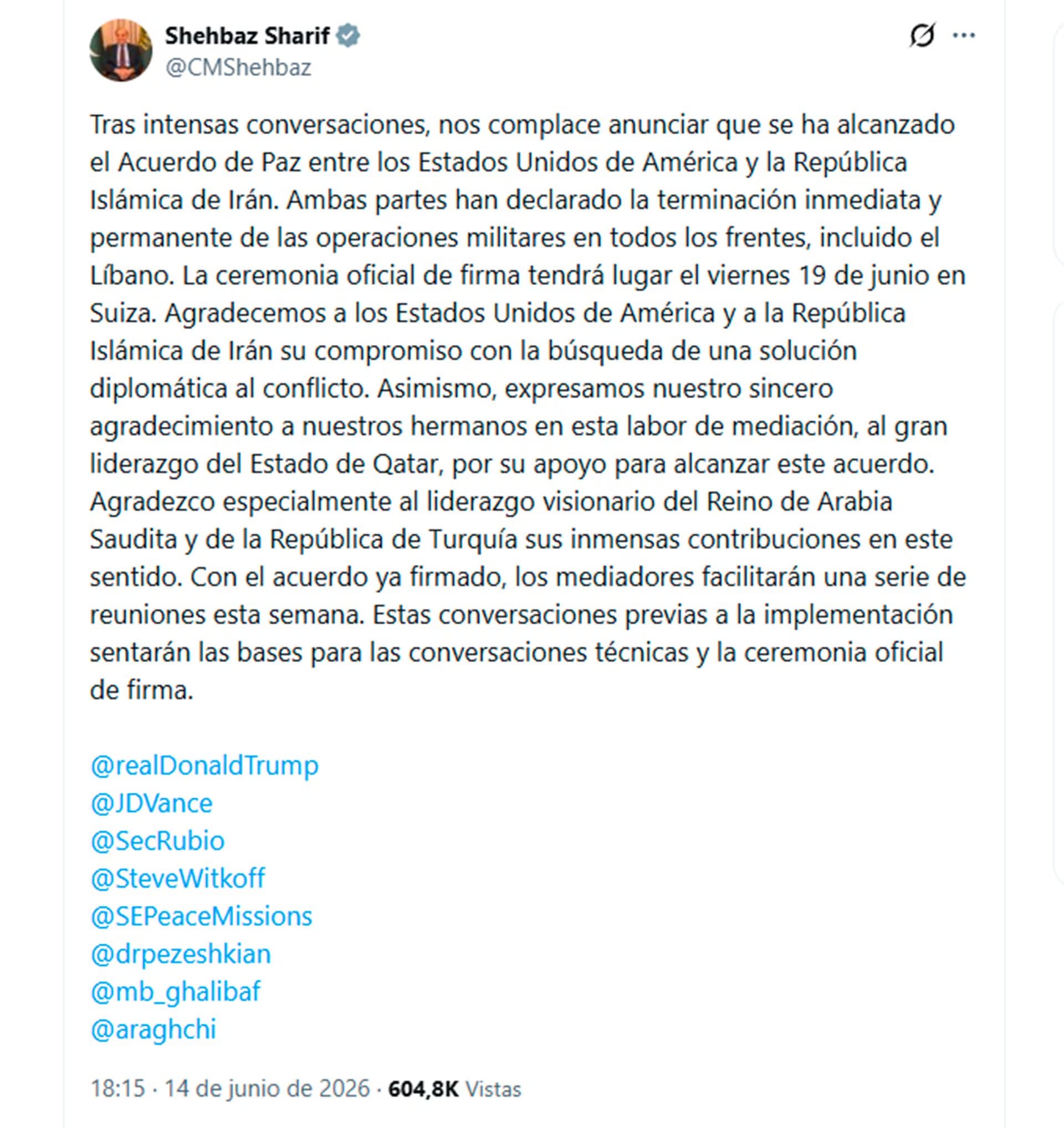 El primer ministro de Pakist&aacute;n, Shehbaz Sharif, ya hab&iacute;a adelantado que las negociaciones entre Washington y Teher&aacute;n hab&iacute;an desembocado en un entendimiento 