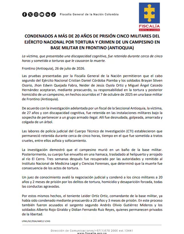Condena histórica: 5 militares a 20 años por muerte de campesino en base
