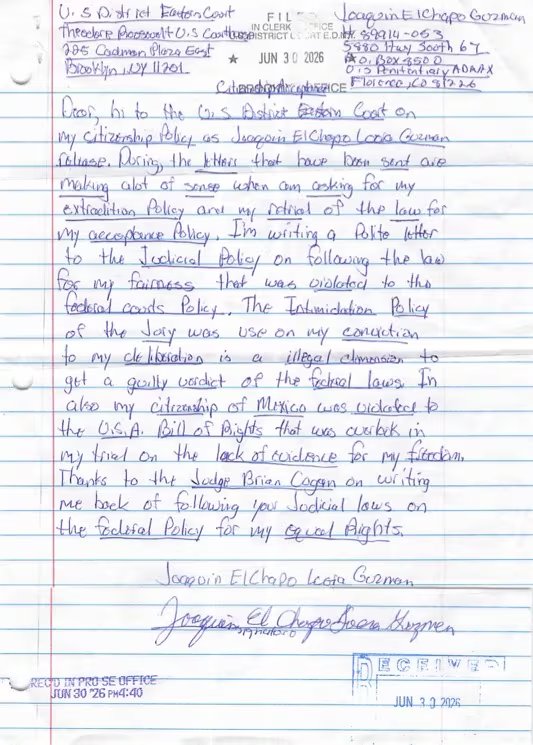 Carta recibida el pasado 30 de junio en la oficina de Brooklyn. Crédito: X - @keegan_hamilton