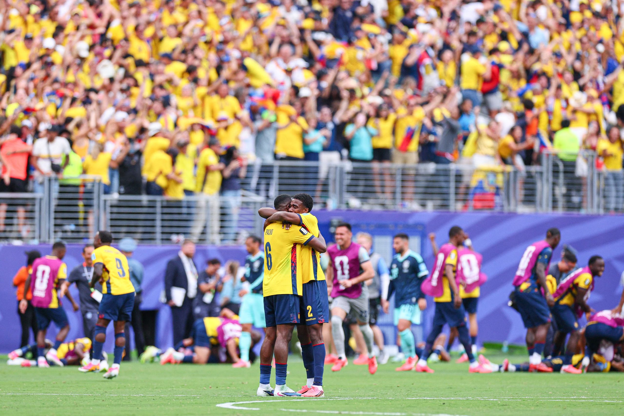 Jun 25, 2026; East Rutherford, New Jersey, USA; Ecuador defender William Pacho (6) and defender Felix Torres (2) celebrate after defeating Germany in a Group E match of the 2026 FIFA World Cup at New York New Jersey Stadium. Mandatory Credit: Vincent Carchietta-Imagn Images