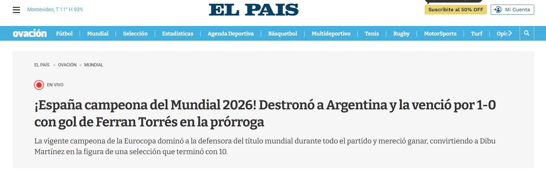 La reacci&oacute;n del portal uruguayo al t&iacute;tulo de Espa&ntilde;