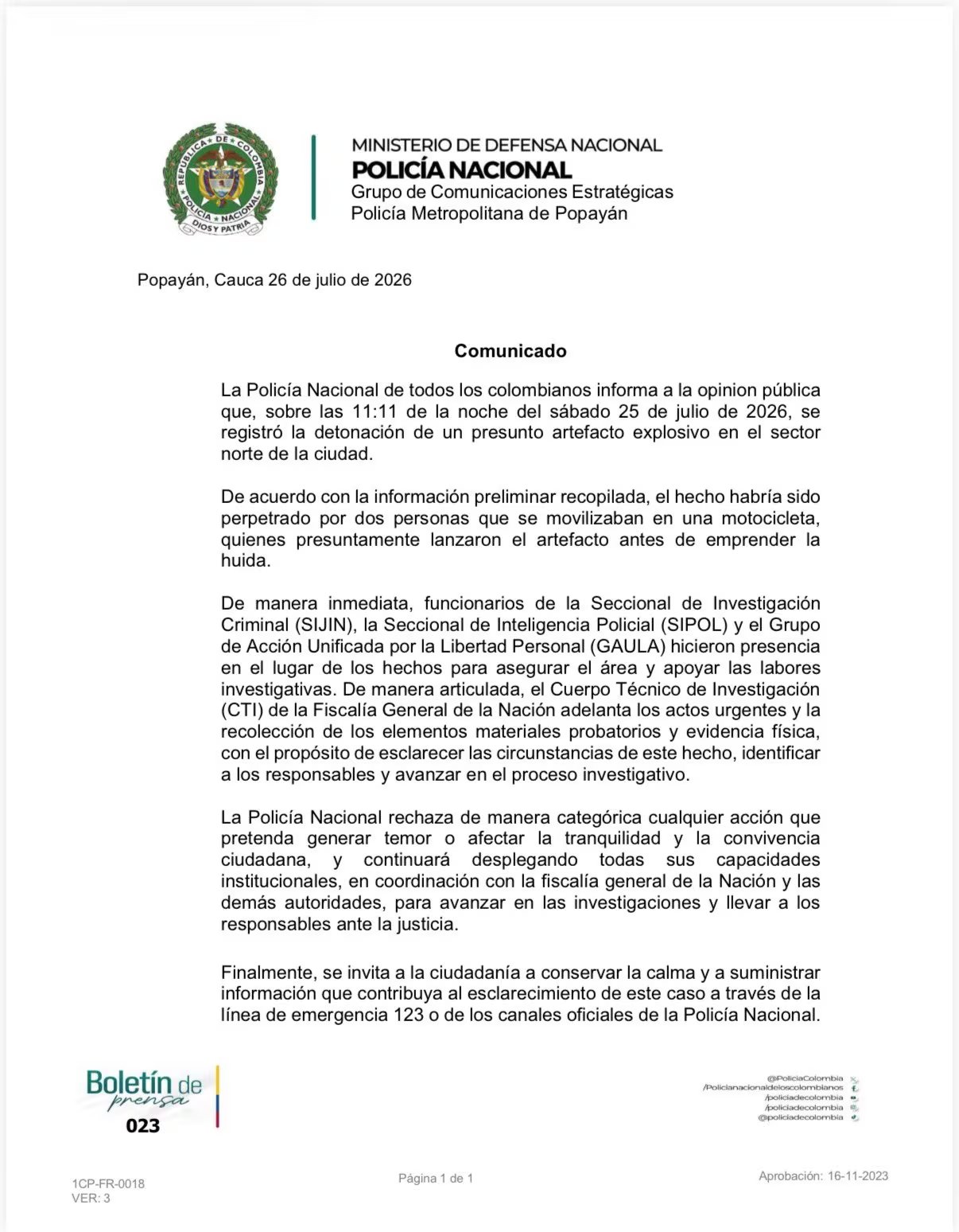 En el lugar del atentado con explosivo en Popay&aacute;n aparecieron panfletos alusivos al ELN, cuya autenticidad es materia de verificaci&oacute;n - cr&eacute;dito Polic&iacute;a Popay&aacute;n