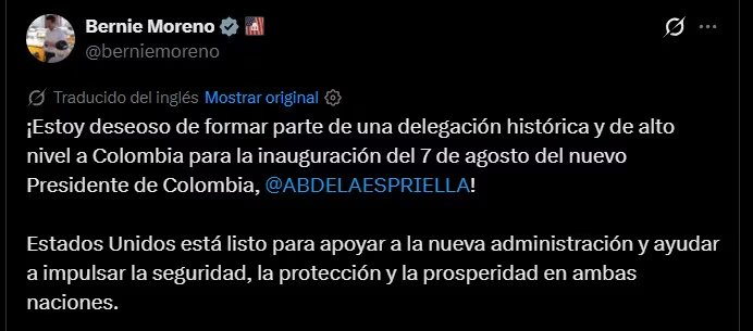 Bernie Moreno anunci&oacute; en X su participaci&oacute;n en la investidura y reiter&oacute; su apoyo al presidente electo de Colombia - cr&eacute;dito @berniemoreno/X