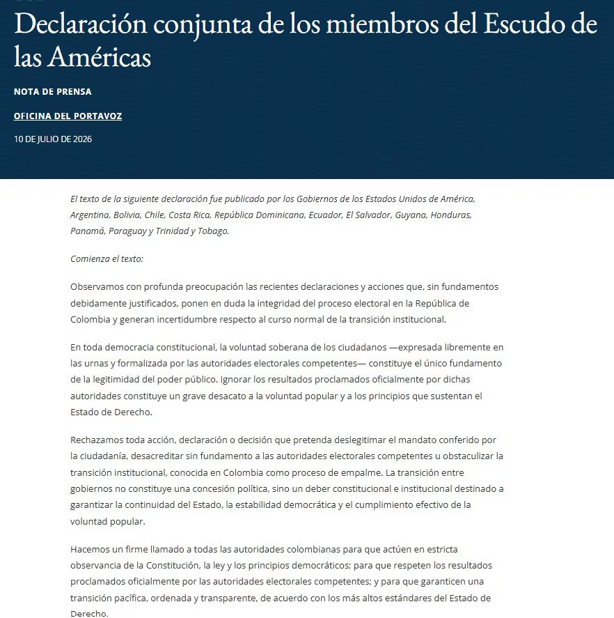 El Escudo de las Am&eacute;ricas sostuvo que el Gobierno de Gustavo Petro no ha reconocido la victoria electoral de Abelardo De la Espriella - cr&eacute;dito Departamento de Estado de Estados Unidos