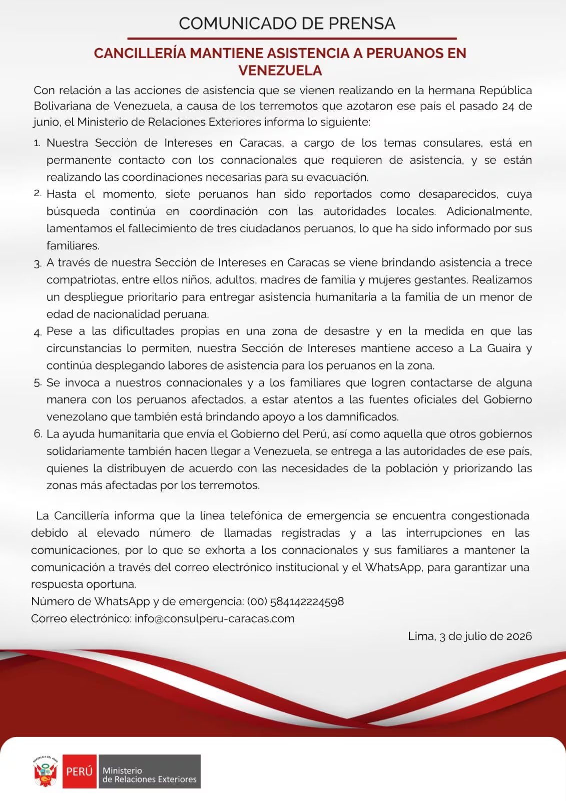 Un comunicado del Ministerio de Relaciones Exteriores de Perú detalla la asistencia consular y humanitaria que brinda a ciudadanos peruanos afectados por terremotos en Venezuela. (Cancilleria)