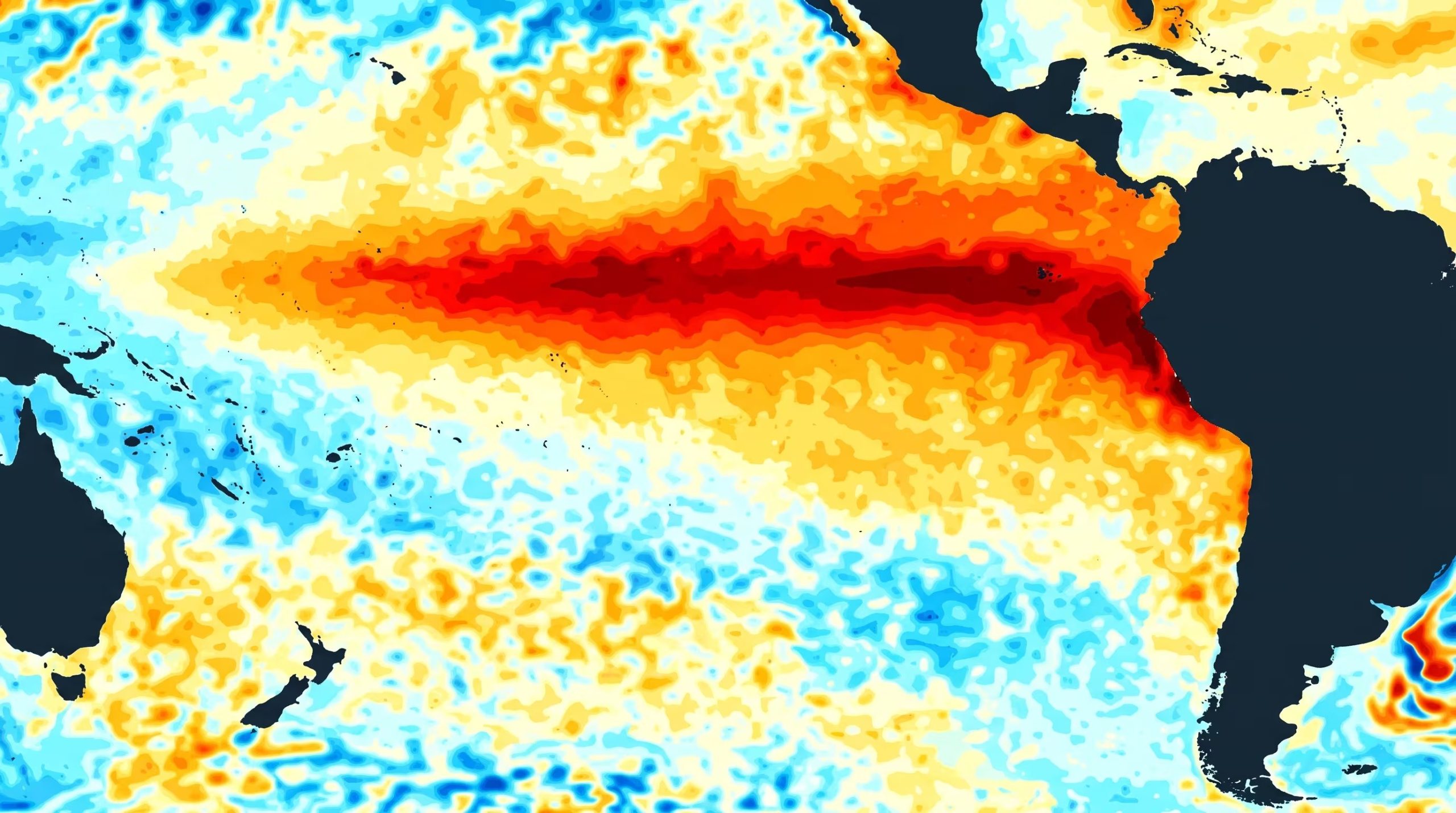 Un mapa del Pac&iacute;fico muestra las anomal&iacute;as de temperatura de la superficie oce&aacute;nica relacionadas con el pron&oacute;stico de un Super El Ni&ntilde;o hist&oacute;rico que proyecta un calentamiento superior a los 3&deg;C. (Imagen Ilustrativa Infobae)