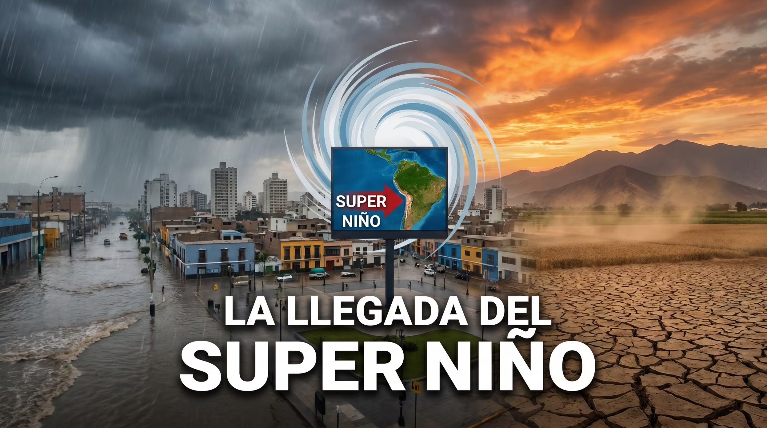 Esta composici&oacute;n visual ilustra el impacto dual del fen&oacute;meno clim&aacute;tico Super Ni&ntilde;o en Am&eacute;rica del Sur, mostrando una ciudad anegada por intensas lluvias y un paisaje rural afectado por la sequ&iacute;a extrema. (Imagen Ilustrativa Infobae)