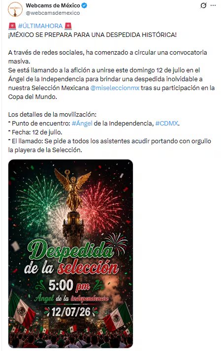 El festejo de despedida está pactado para este domingo 12 de julio a las 17:00 horas en el Ángel de la Independencia, en la Ciudad de México. (@webcamsdemexico)