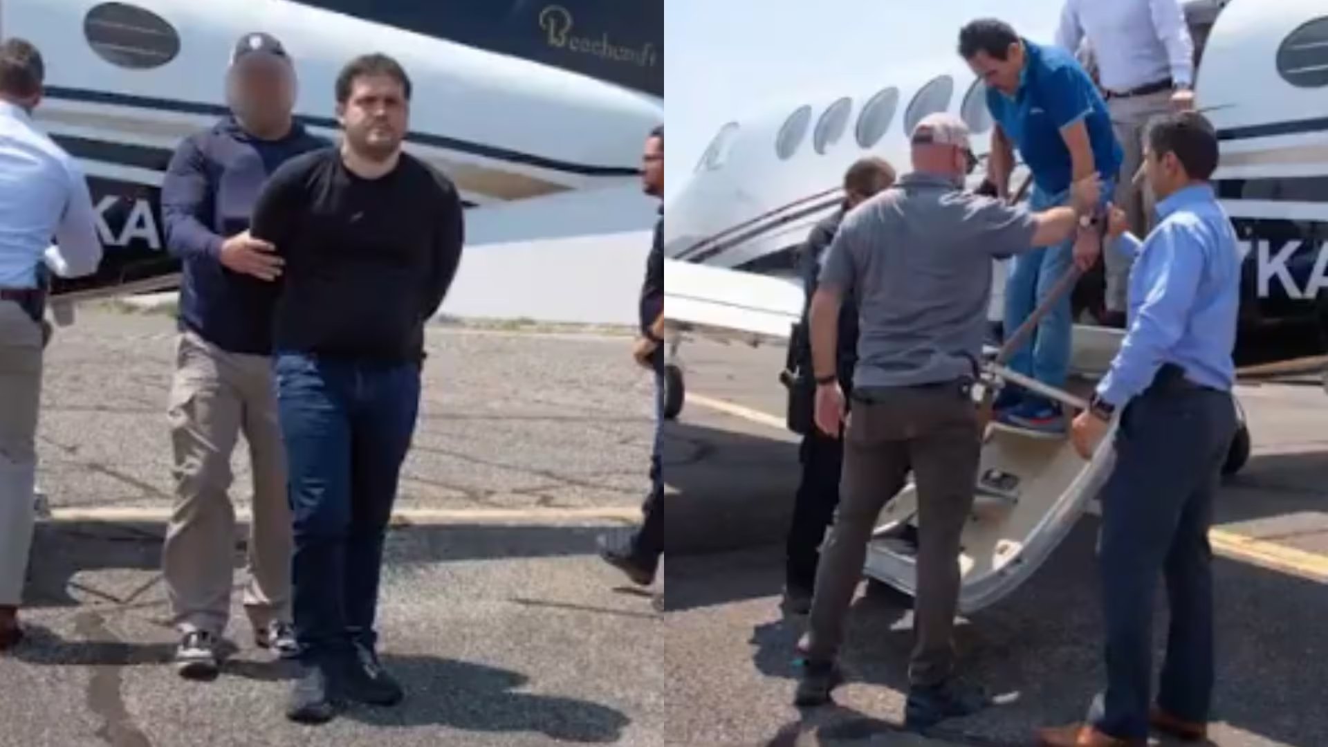 Momento en que los presuntos líderes del Cártel de Sinaloa descendieron de la aeronave tipo Beechcraft King Air. Cortesía: Pie de Nota