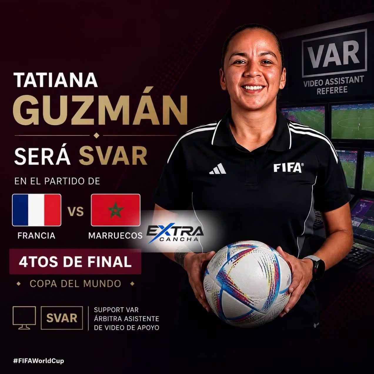 Tatiana Guzmán, árbitra nicaragüense, fue designada como SVAR para el partido de cuartos de final entre Francia y Marruecos en la Copa Mundial de la FIFA 2026 (Cortesía: Extra Cancha).