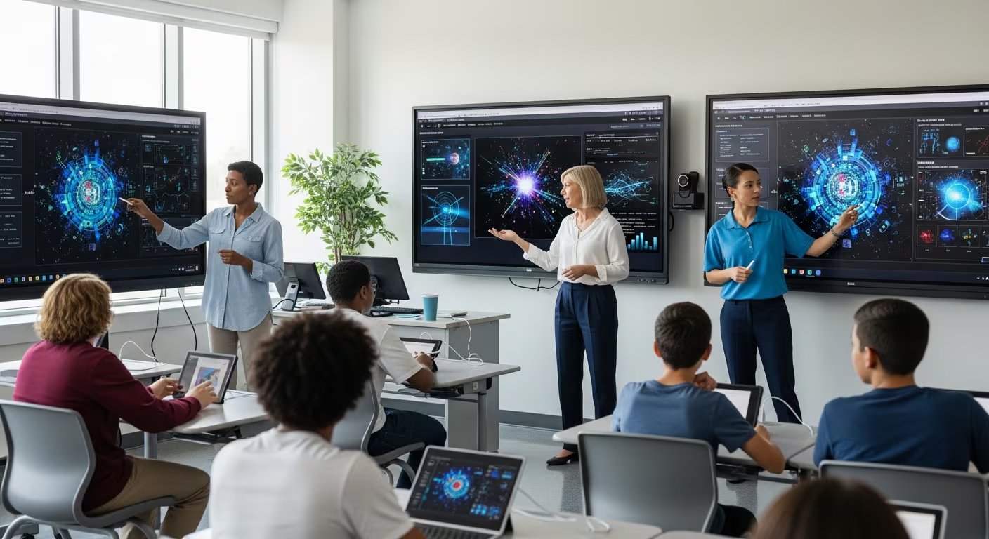 Docentes en Estados Unidos utilizan pantallas interactivas para explicar conceptos de inteligencia artificial a un grupo de estudiantes en un aula moderna. (Imagen Ilustrativa Infobae)