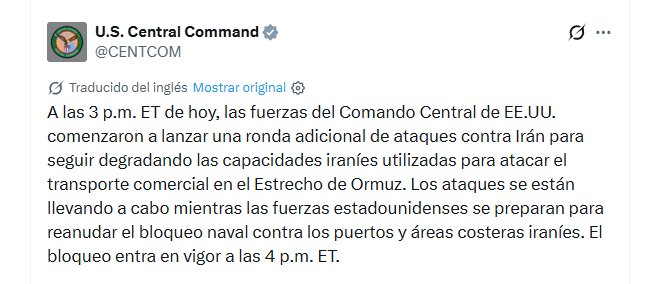 El Comando Central de Estados Unidos informa sobre una nueva ronda de ataques a&eacute;reos contra Ir&aacute;n y la preparaci&oacute;n para un bloqueo naval en sus costas y el Estrecho de Ormuz
