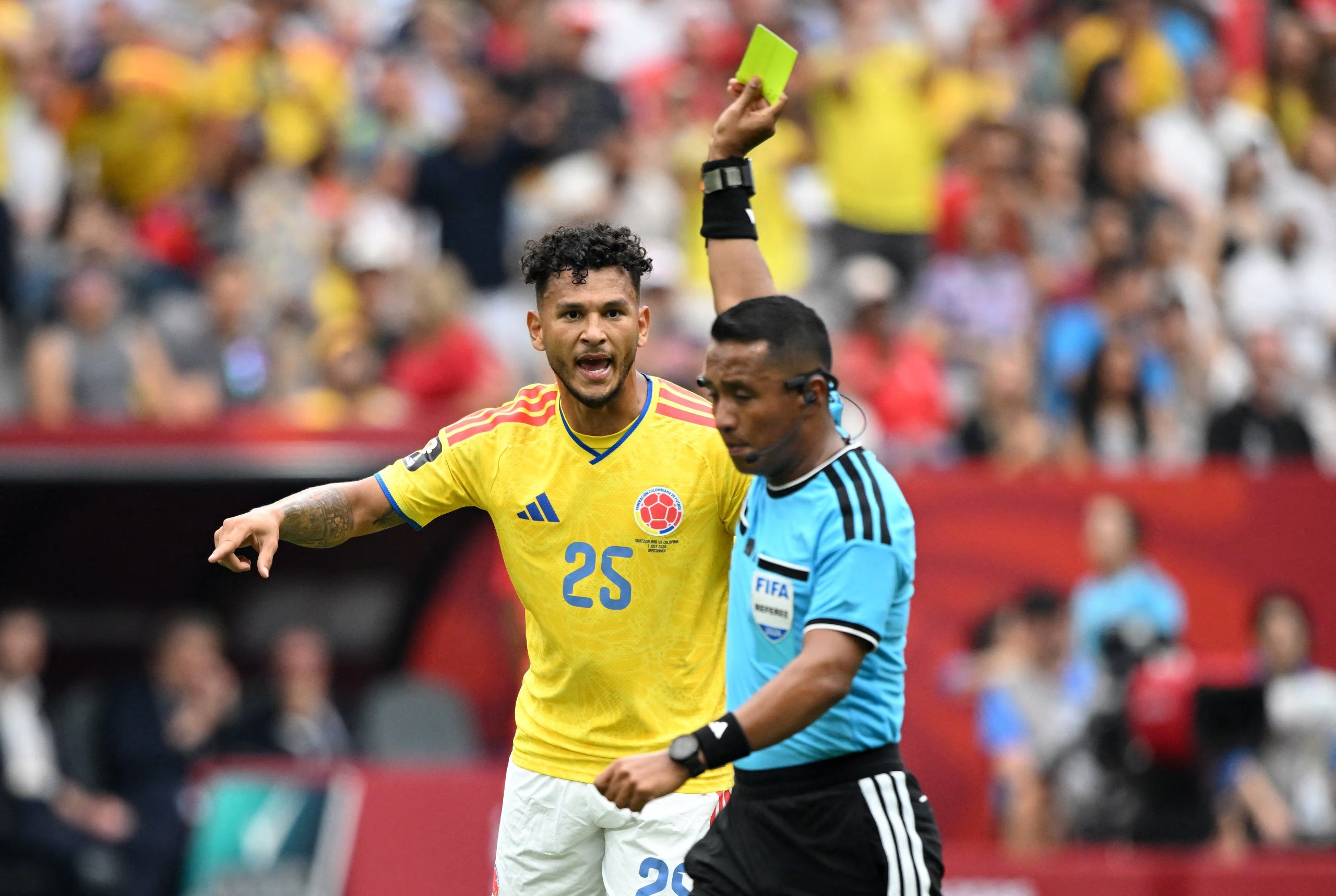 Soccer Football - FIFA World Cup 2026 - Round of 16 - Switzerland v Colombia - BC Place, Vancouver, Canada - July 7, 2026 Colombia's Luis Suarez is shown a yellow card by referee Ivan Barton IMAGN IMAGES via Reuters/Anne-Marie Sorvin