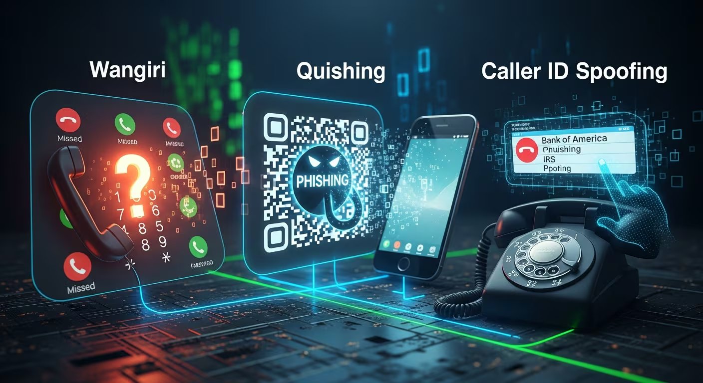 Representaci&oacute;n visual de Wangiri, quishing y caller ID spoofing, las estafas digitales que expertos en ciberseguridad identifican como las m&aacute;s preocupantes en la actualidad. (Imagen Ilustrativa Infobae)