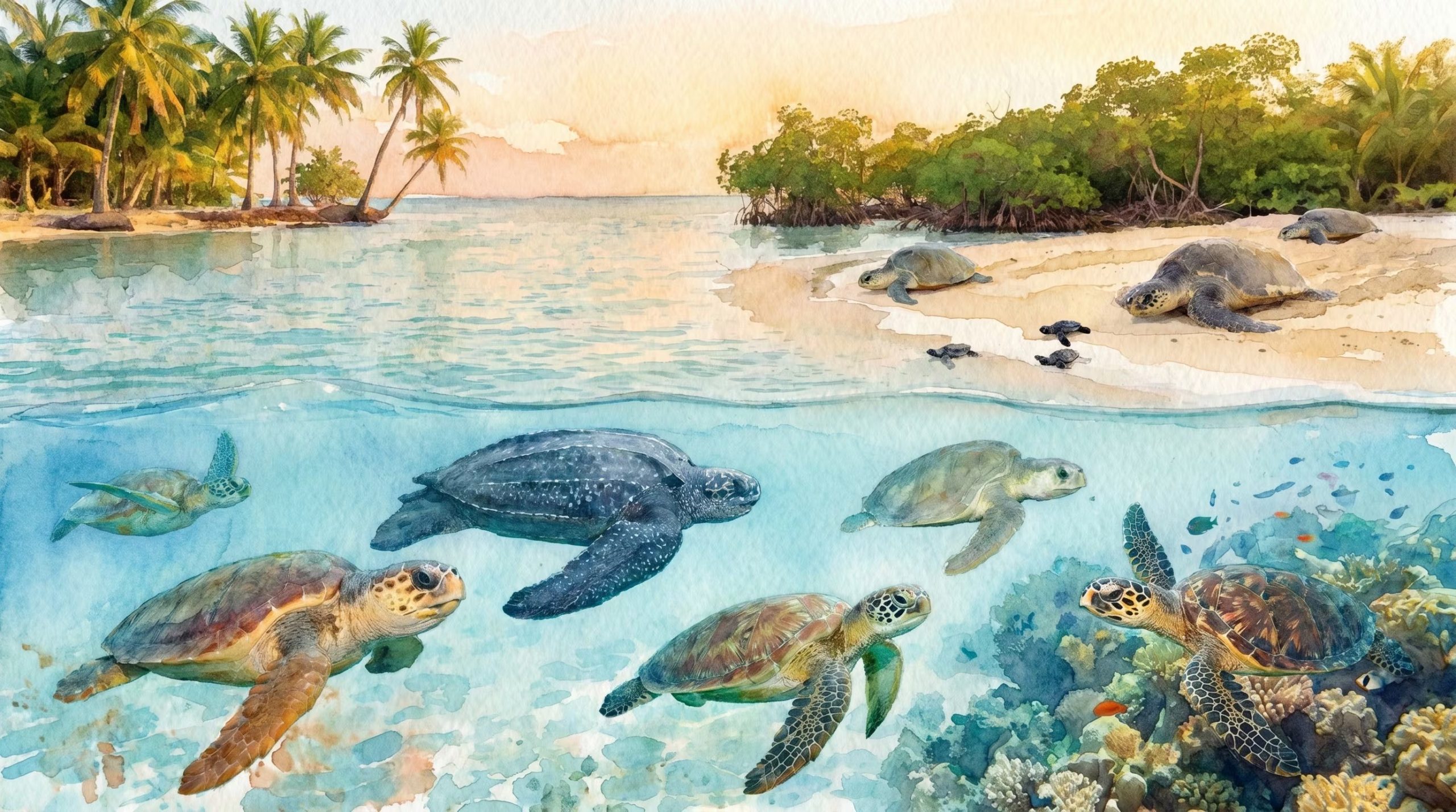 Una hermosa ilustraci&oacute;n de acuarela muestra tortugas marinas adultas y cr&iacute;as en una playa tropical y nadando entre arrecifes de coral bajo el agua, destacando la biodiversidad oce&aacute;nica. (Imagen Ilustrativa Infobae)
