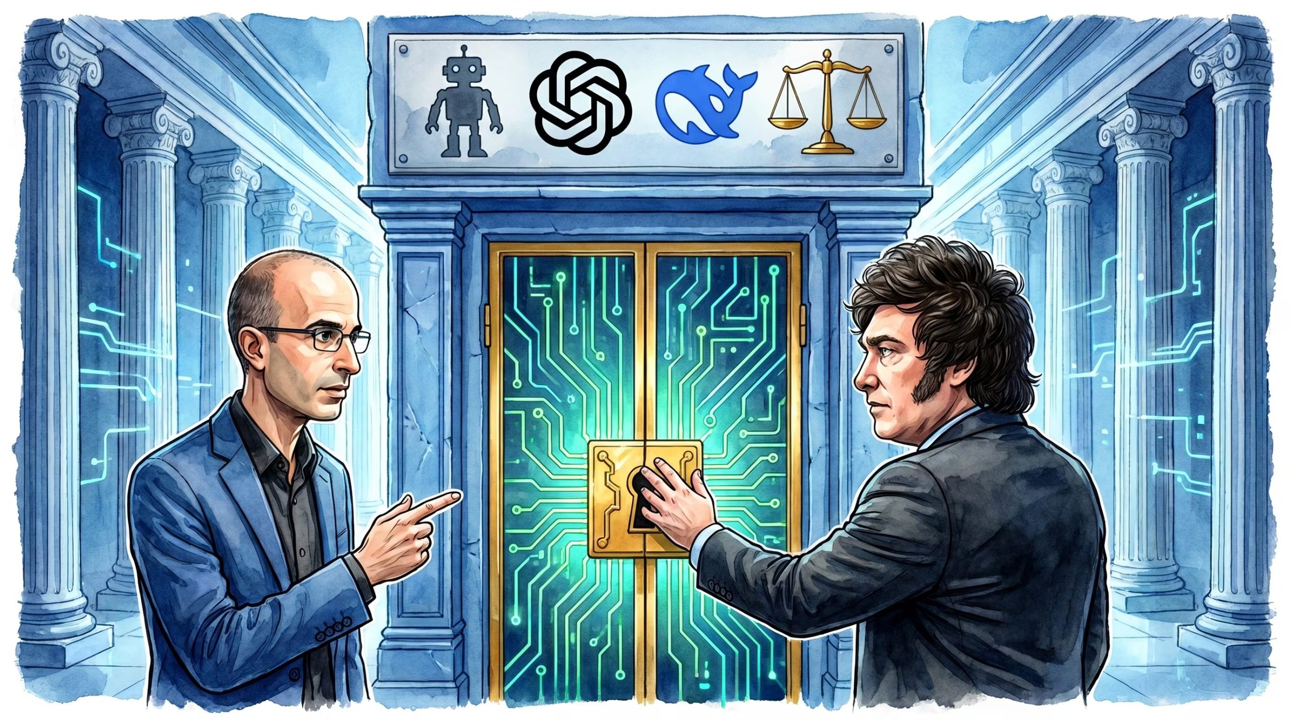 Una caricatura editorial muestra a Yuval Noah Harari y Javier Milei frente a una puerta de circuito digital con s&iacute;mbolos de IA, representando el debate sobre el futuro de la inteligencia artificial (Imagen Ilustrativa Infobae)