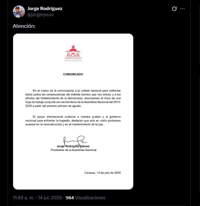 El mensaje publicado por Jorge Rodriguez en su cuenta de la red social X.