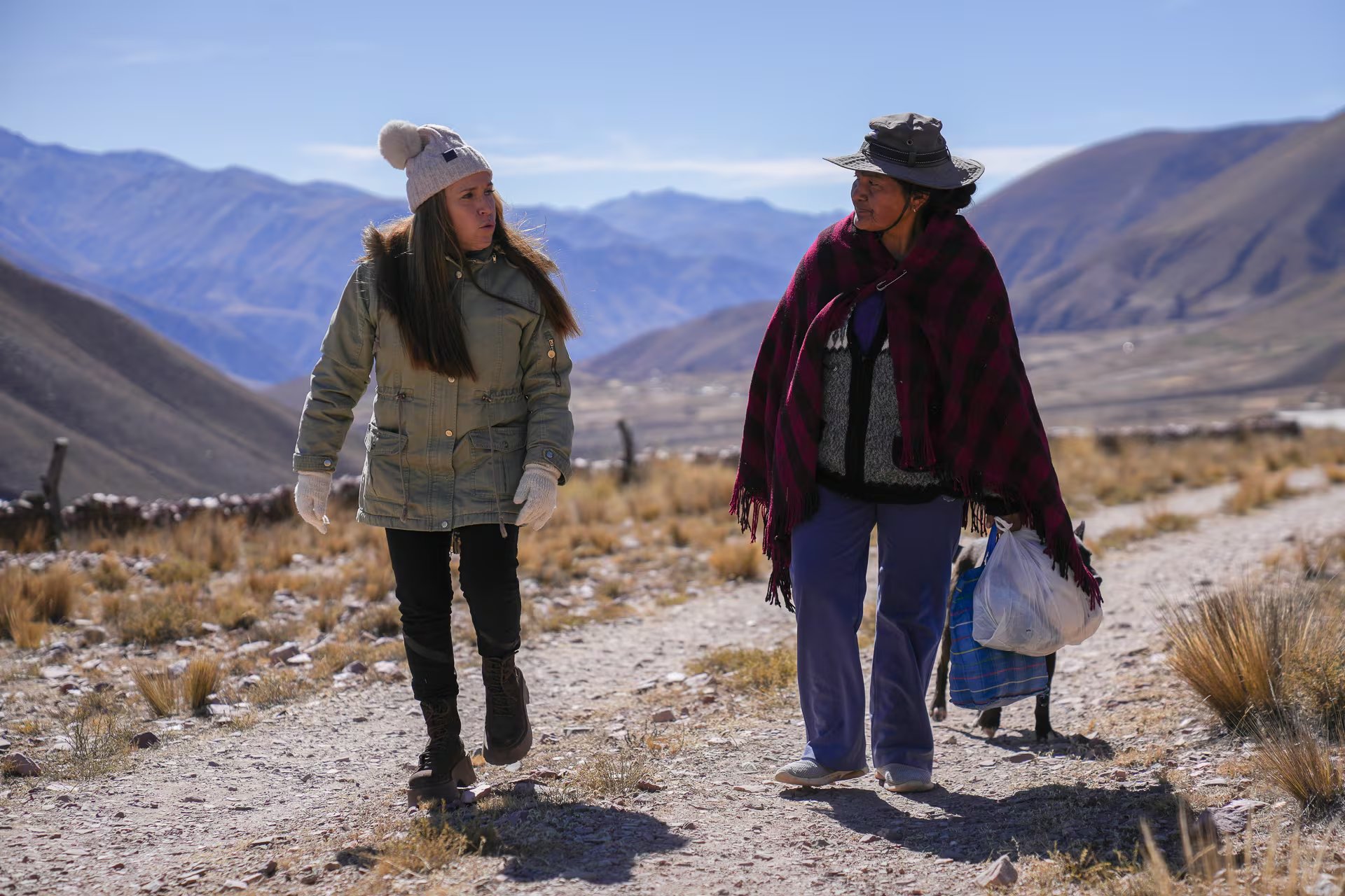 Daniela Blanco e Inocenta caminaron por la altura celestial de Colanzuli para buscar a las vacas y arriarlas hacia la casa de Inocenta. Las vacas con las que marcaban las montañas