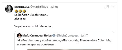 Marbelle se refiri&oacute; a una fotograf&iacute;a de Beto Coral, luego de llegar a Colombia - cr&eacute;dito @Marbelle30/X