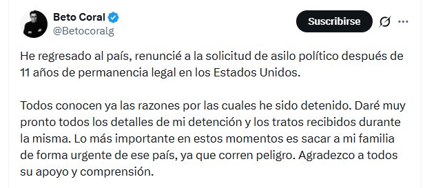 El activista anticip&oacute; que dar&aacute; detalles sobre su detenci&oacute;n y sobre los tratos recibidos bajo custodia en Estados Unidos - cr&eacute;dito @Betocoralg/X
