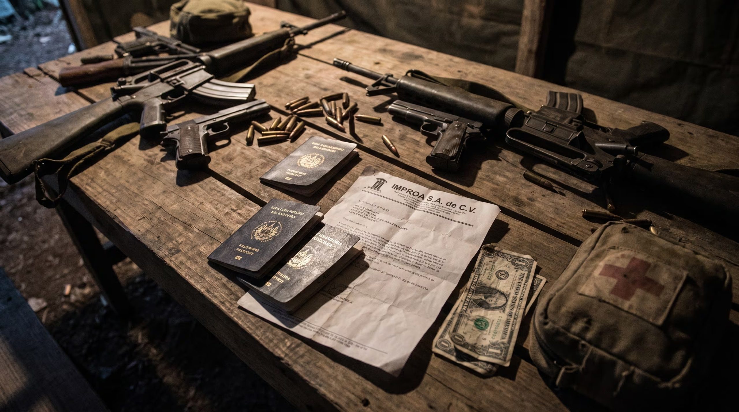 Un contrato con el membrete de Improa S.A. de C.V., junto a pasaportes salvadore&ntilde;os, armas y dinero, se dispone sobre una mesa r&uacute;stica en un campamento militar. (Imagen Ilustrativa Infobae)