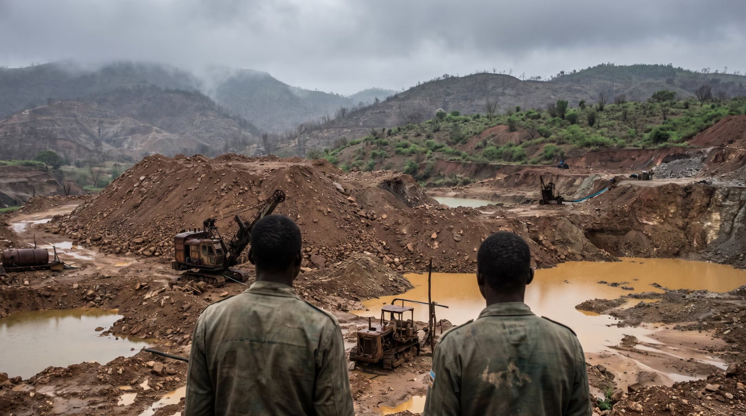 Un paisaje minero con maquinaria pesada y grandes excavaciones en el este de la Rep&uacute;blica Democr&aacute;tica del Congo es observado por dos hombres con uniformes militares, bajo un cielo cubierto de nubes. (Imagen Ilustrativa Infobae)