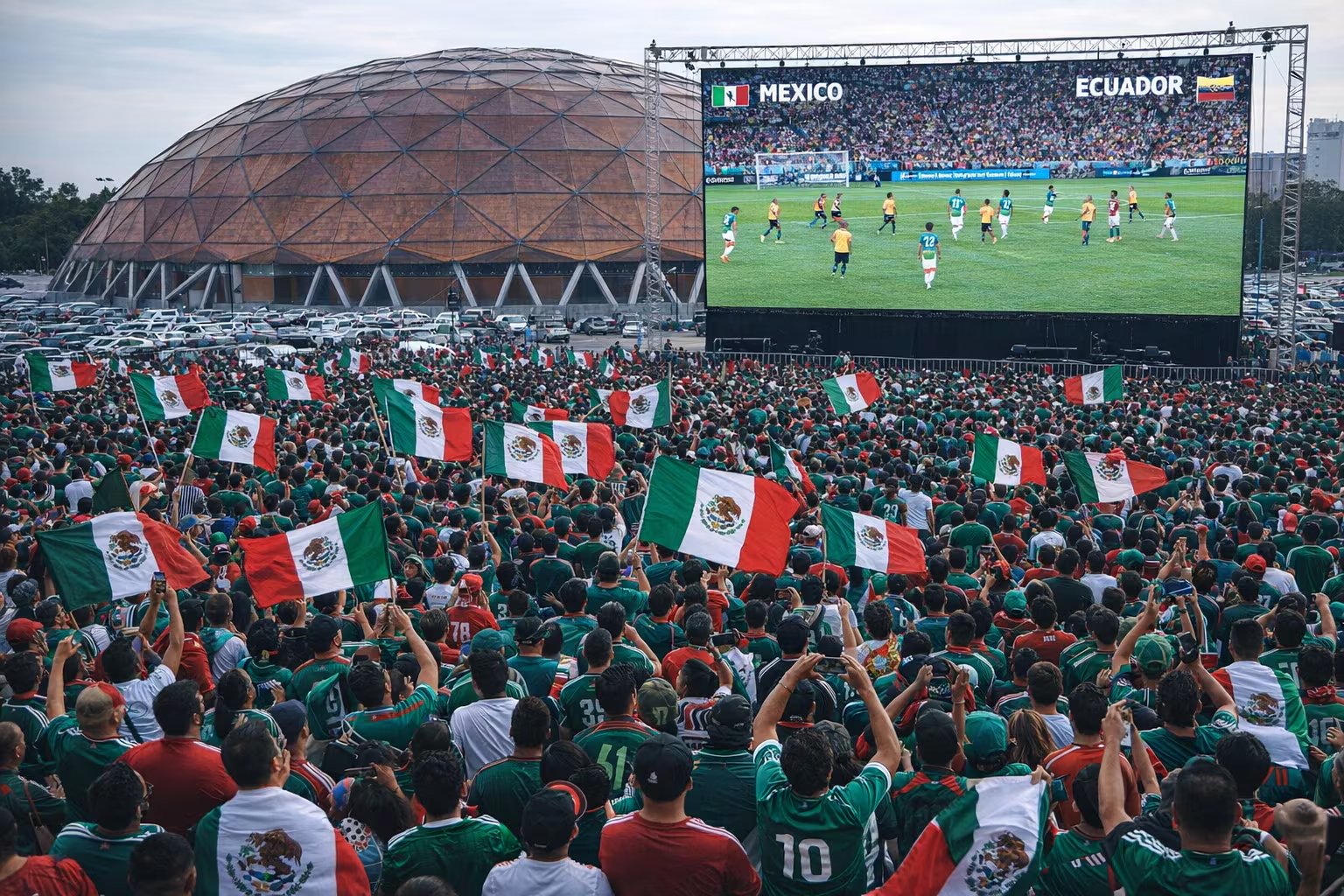 Una multitud de aficionados mexicanos observa el partido de fútbol entre México y Ecuador en una pantalla gigante instalada en el estacionamiento del Palacio de los Deportes de la Ciudad de México. (Imagen Ilustrativa Infobae)