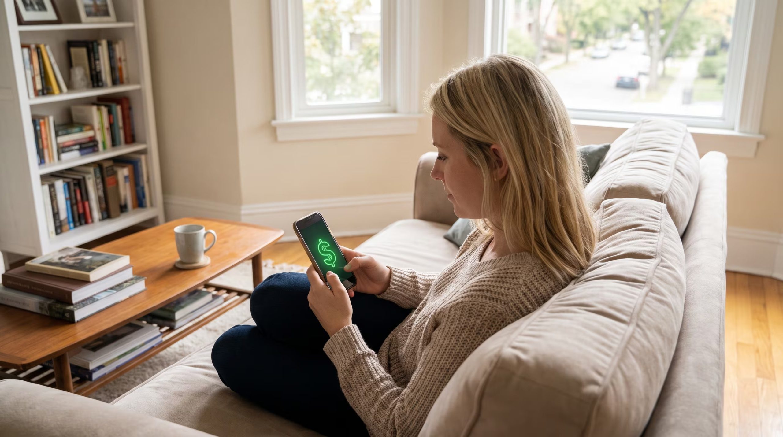 Una mujer consulta su tel&eacute;fono m&oacute;vil que muestra un signo de d&oacute;lar verde brillante mientras est&aacute; sentada en el sof&aacute; de su sala. (Imagen Ilustrativa Infobae)