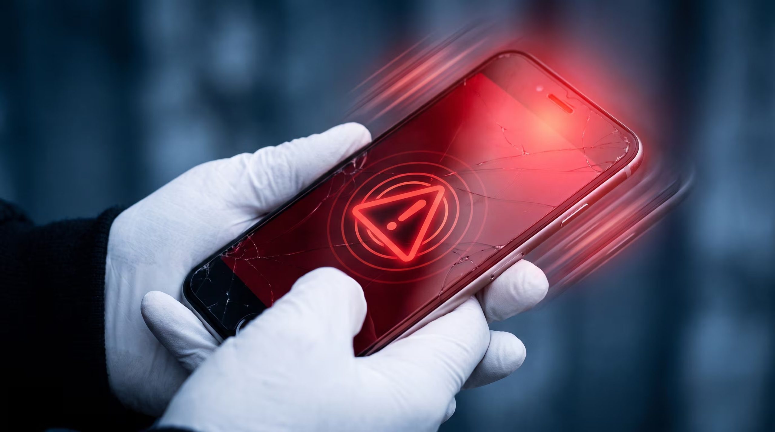 Unas manos con guantes blancos sujetan un celular con la pantalla rota que muestra una alerta s&iacute;smica roja y un efecto de vibraci&oacute;n. (Imagen Ilustrativa Infobae)