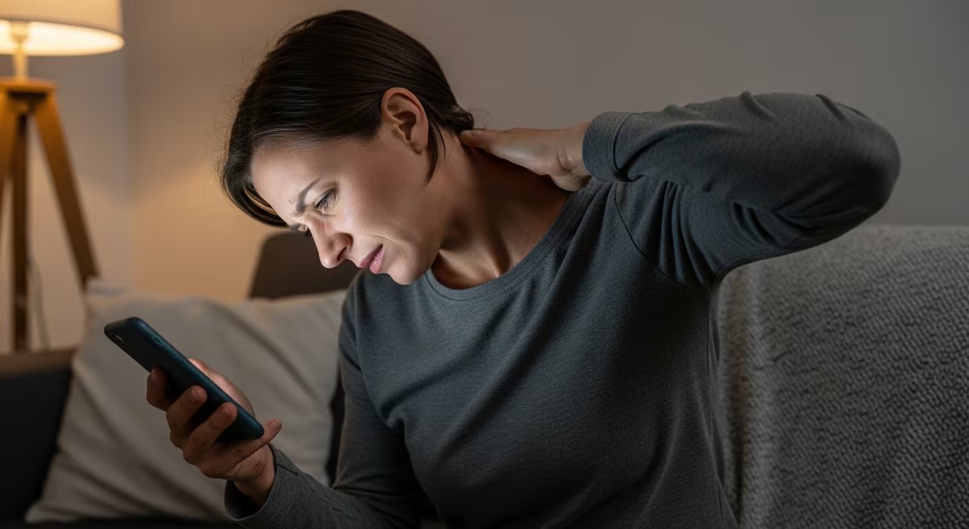 El uso prolongado del celular con la cabeza inclinada refuerza pliegues horizontales en el cuello y hace que esas l&iacute;neas se fijen con el tiempo. (Imagen Ilustrativa Infobae)