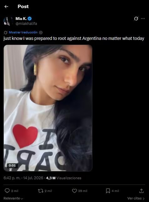 Mía Khalifa profundizó sus burlas contra Argentina con mensajes sobre Enzo Fernández, el VAR y el partido ante Egipto, y mantuvo su confrontación en X y TikTok