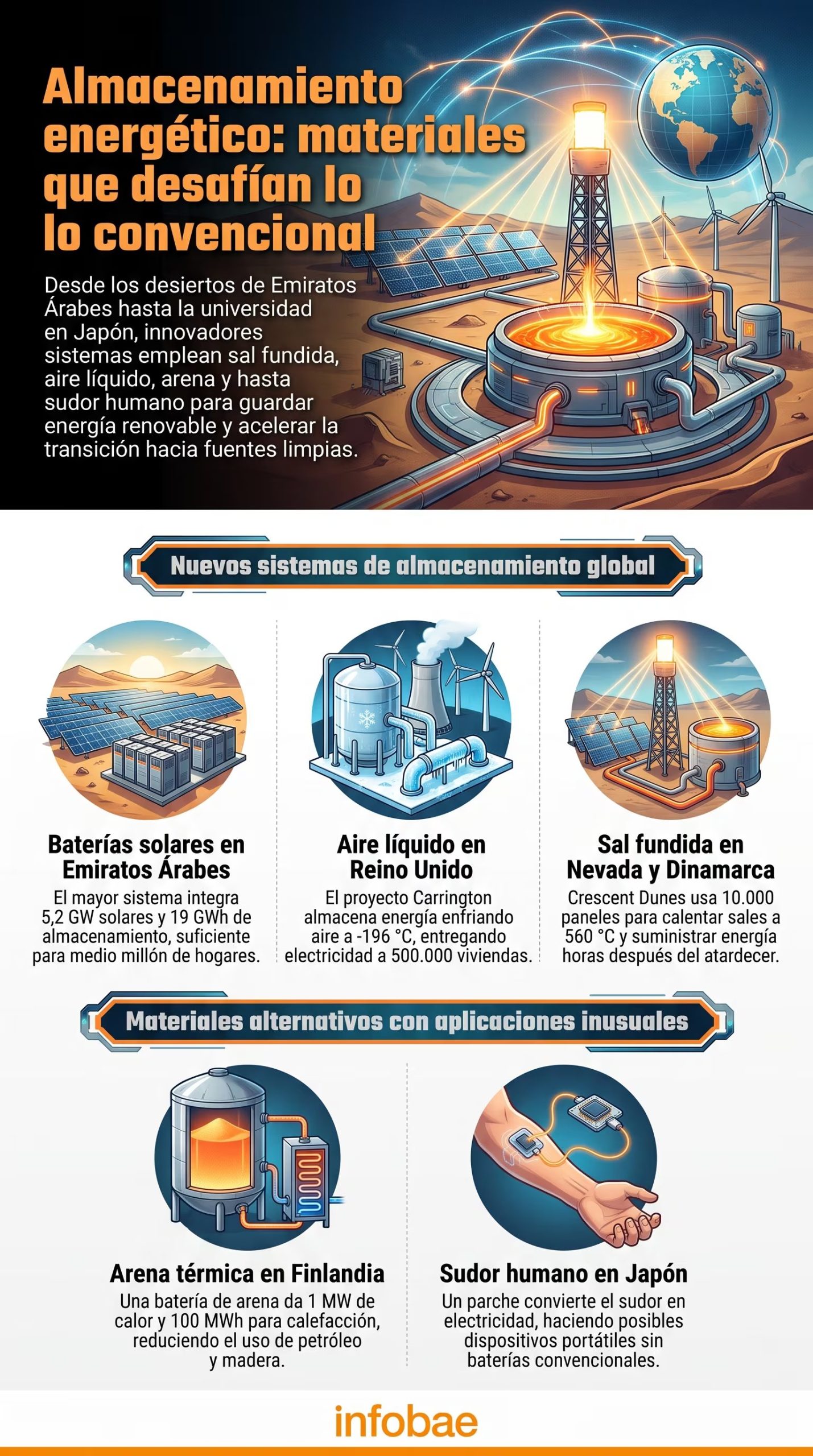 Una infografía ilustra proyectos globales para almacenar energía renovable con materiales como aire líquido, sal fundida, arena y sudor humano. (Imagen Ilustrativa Infobae)