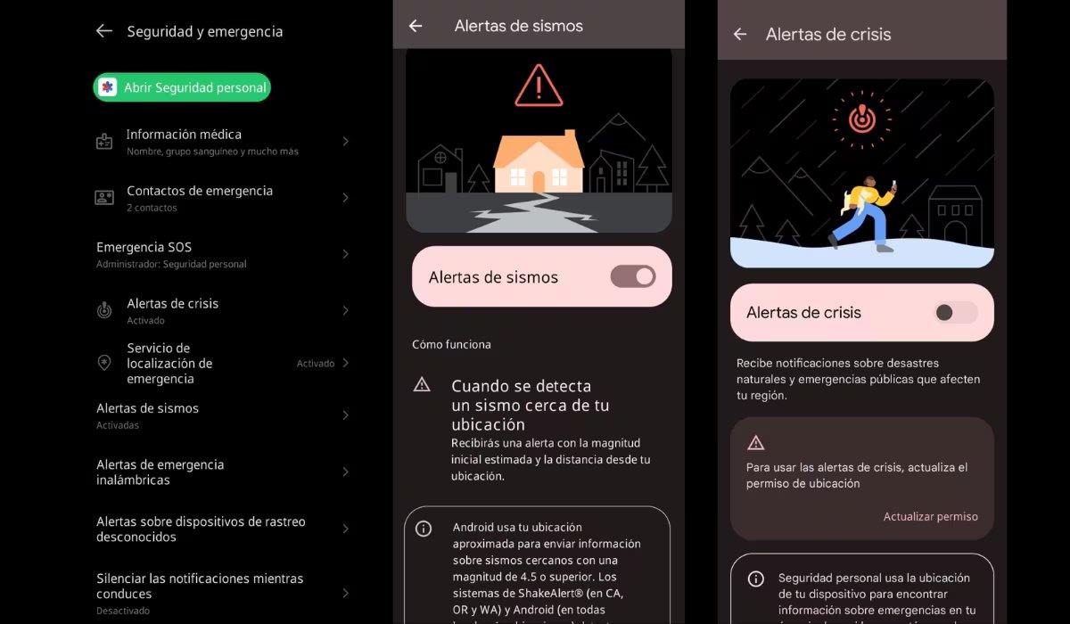 Los ajustes de seguridad y emergencia permiten generar alertas a familiares y conocer peligros cercanos.