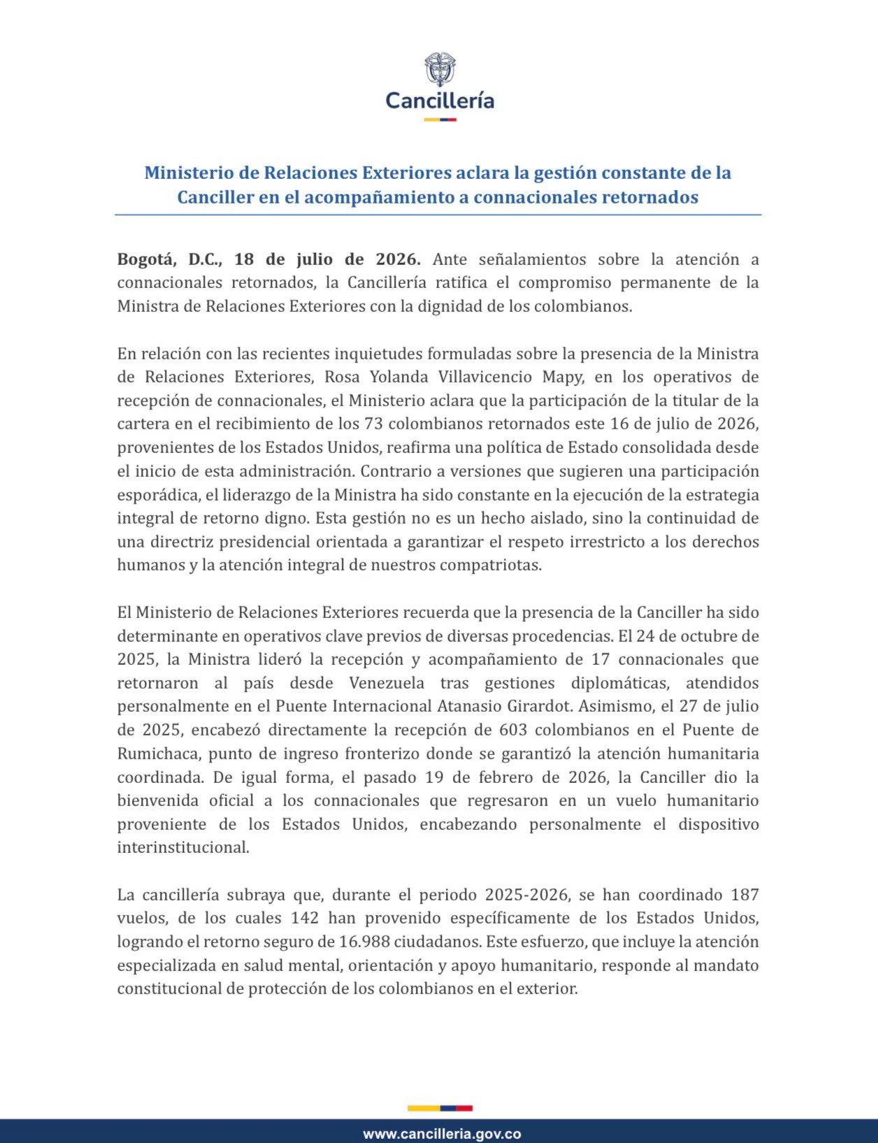 El Ministerio de Relaciones Exteriores emitió un comunicado en el que defendió la gestión de la canciller Rosa Villavicencio - crédito Ministerio de Relaciones Exteriores