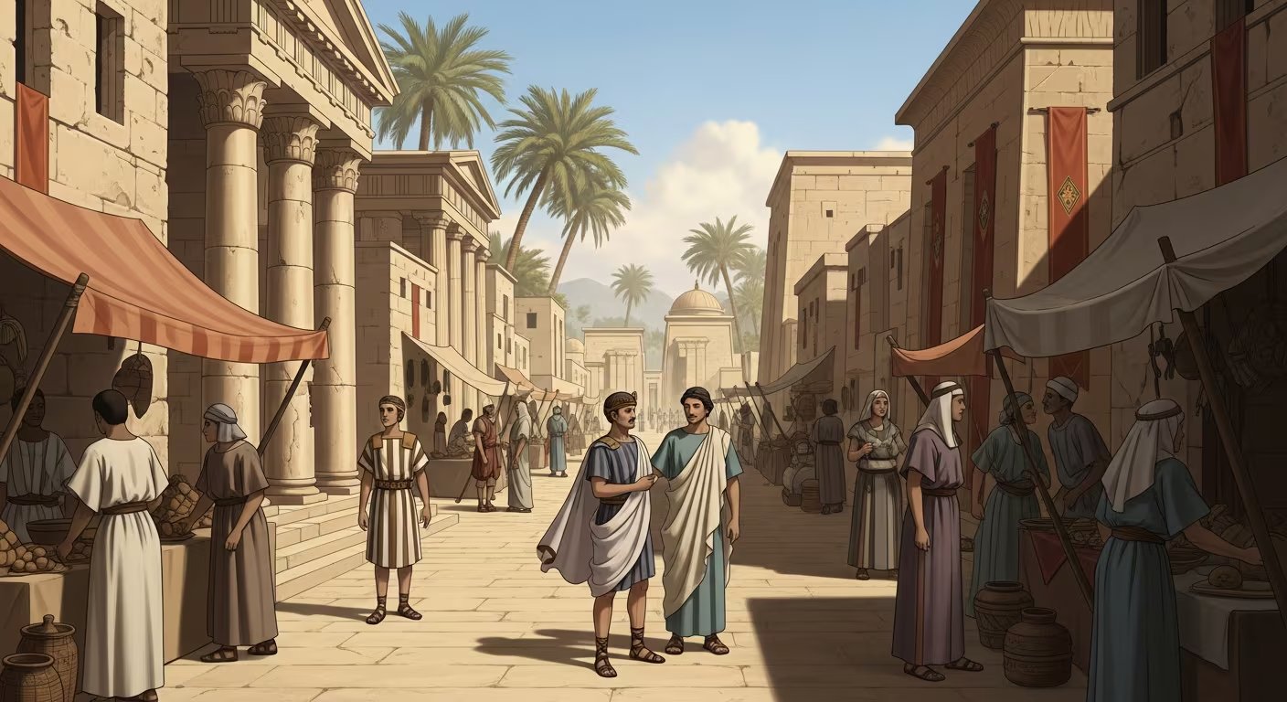 Una bulliciosa calle egipcia bajo dominio romano, c. 100 d.C., muestra la interacción entre comerciantes de diversas etnias y arquitectura mixta griega, romana y egipcia, con palmeras al fondo. (Imagen Ilustrativa Infobae)