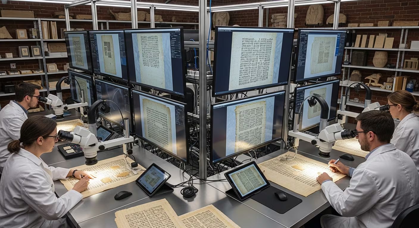 Científicos y egiptólogos en el moderno laboratorio del Museo Fitzwilliam analizan meticulosamente fragmentos de papiros antiguos utilizando microscopios digitales 3D y pantallas con imágenes ampliadas. (Imagen Ilustrativa Infobae)