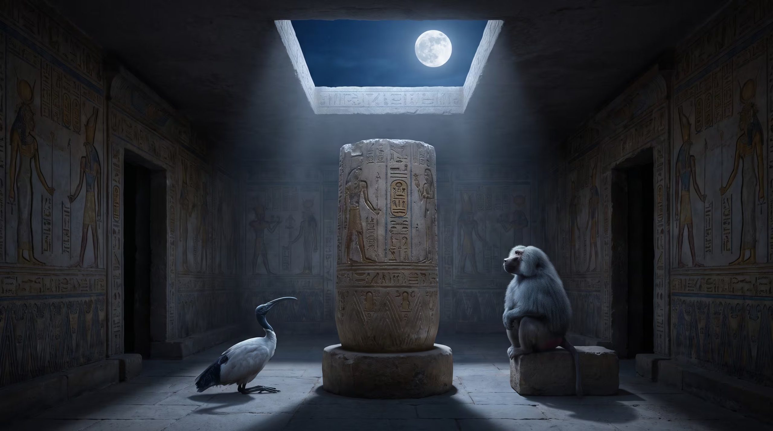 Un ibis sagrado y un babuino hamadryas se encuentran dentro de un templo antiguo con jeroglíficos, bañados por la luz de una luna llena a través de una abertura en el techo. (Imagen Ilustrativa Infobae)