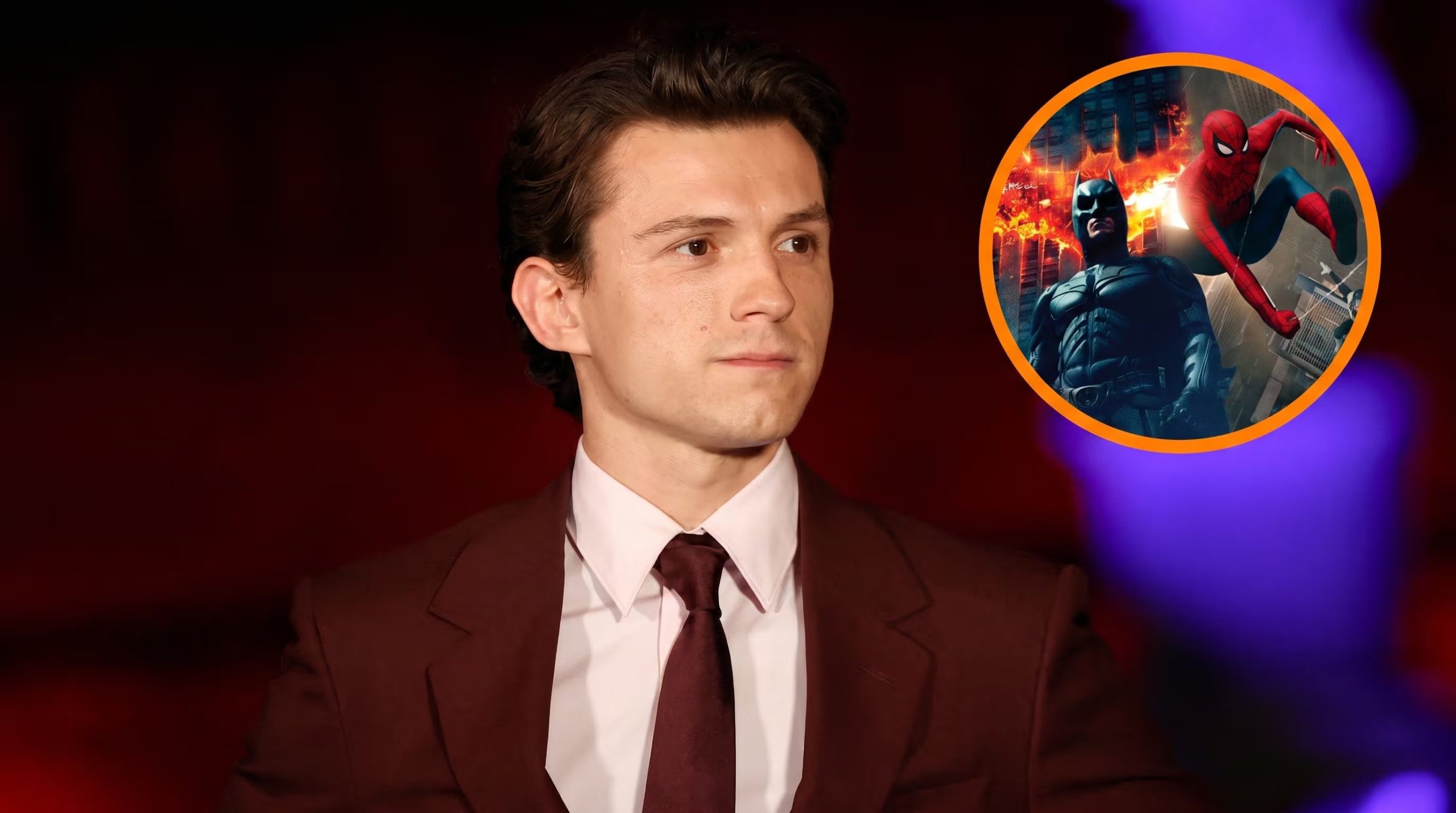 El actor Tom Holland asiste a un evento con una composición gráfica que presenta a Batman y Spider-Man en un círculo anaranjado en la parte superior derecha. (Imagen Ilustrativa Infobae)