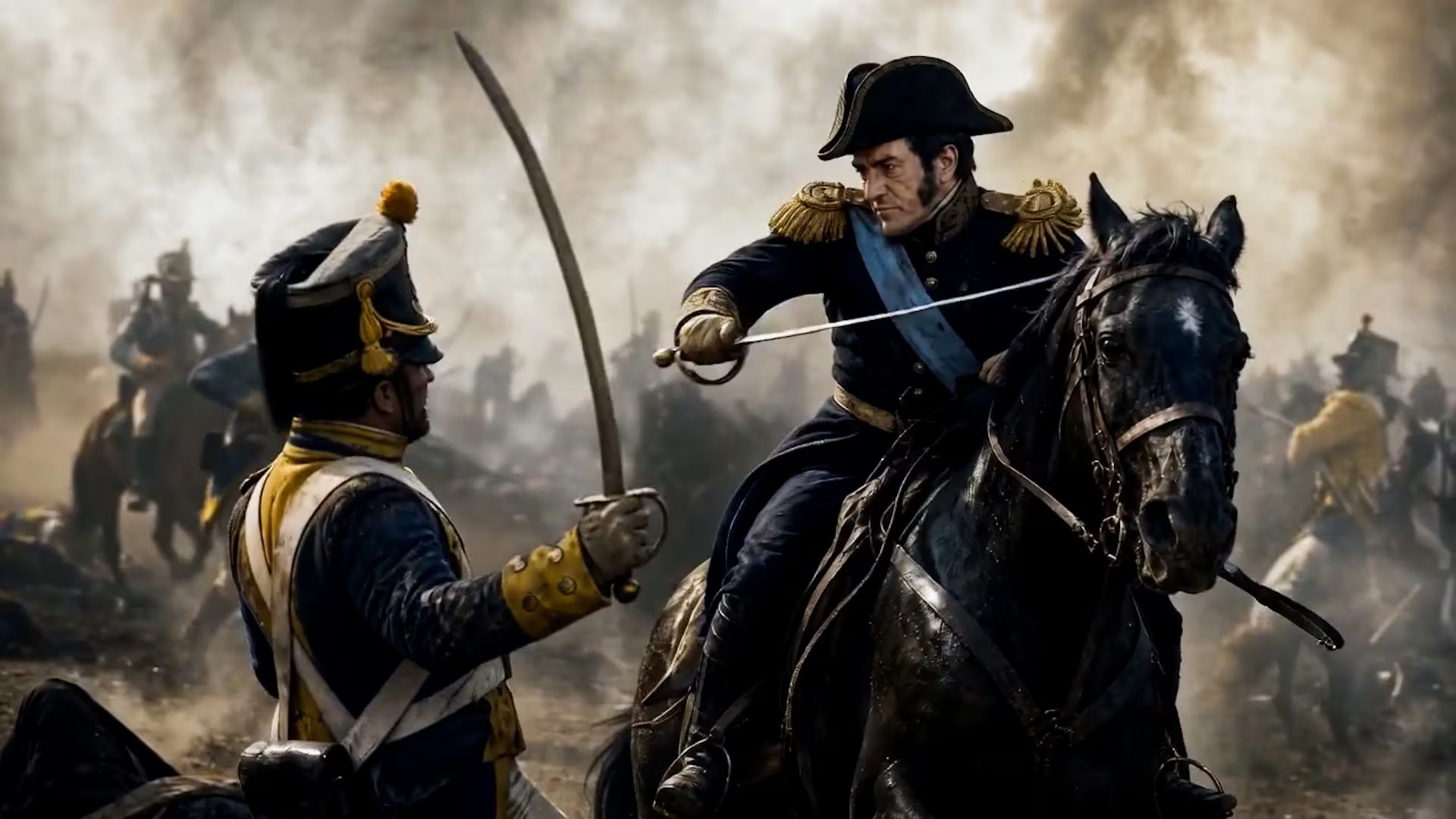 San Mart&iacute;n carga a caballo contra los realistas en esta escena de 