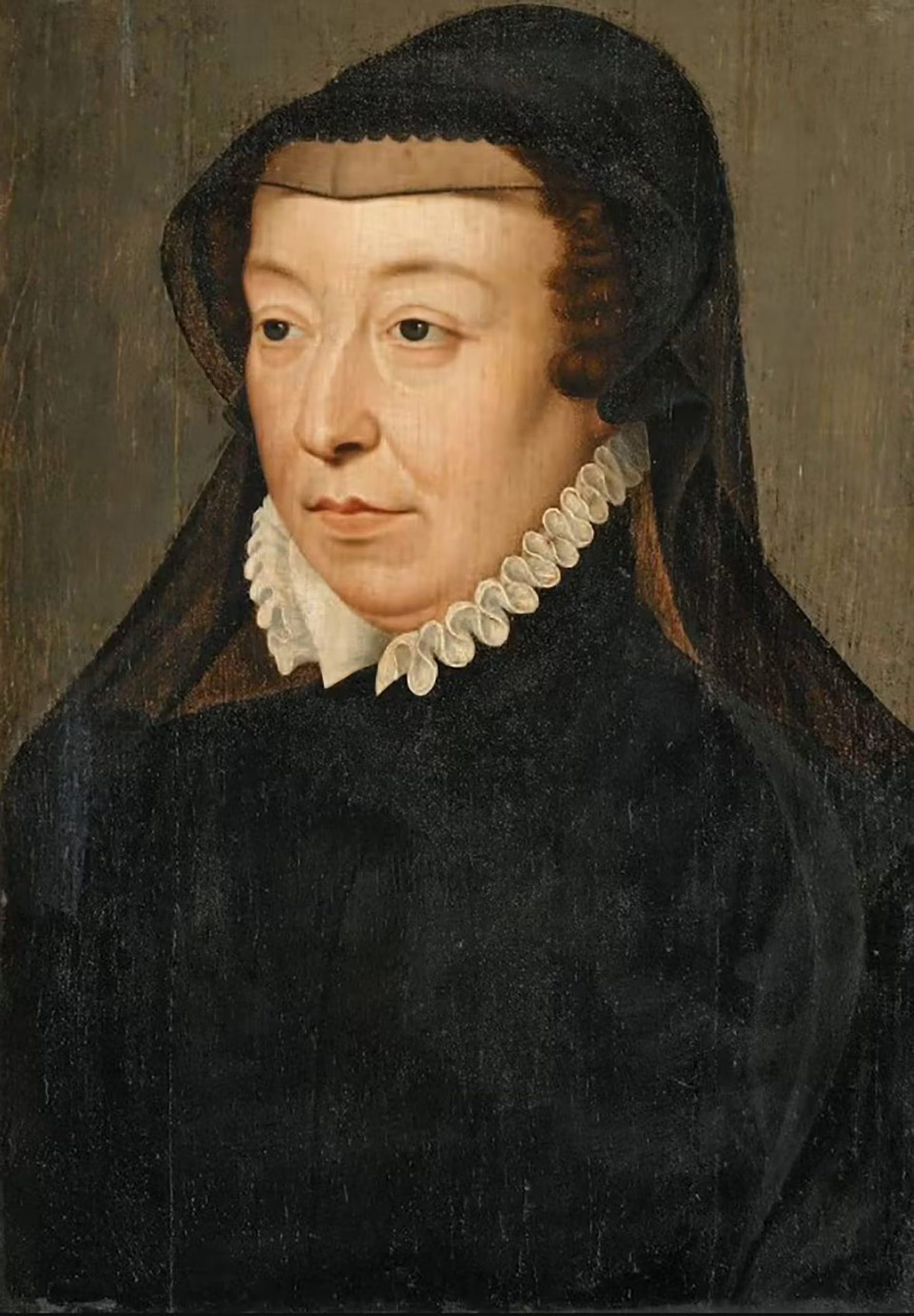 Catalina de M&eacute;dici gan&oacute; peso en la pol&iacute;tica francesa tras la muerte de Enrique II en 1559 y actu&oacute; como regente de Carlos IX. &ldquo;Retrato de Catalina de M&eacute;dici con atuendo de luto&rdquo;, obra de Fran&ccedil;ois Clouet (hacia 1560)