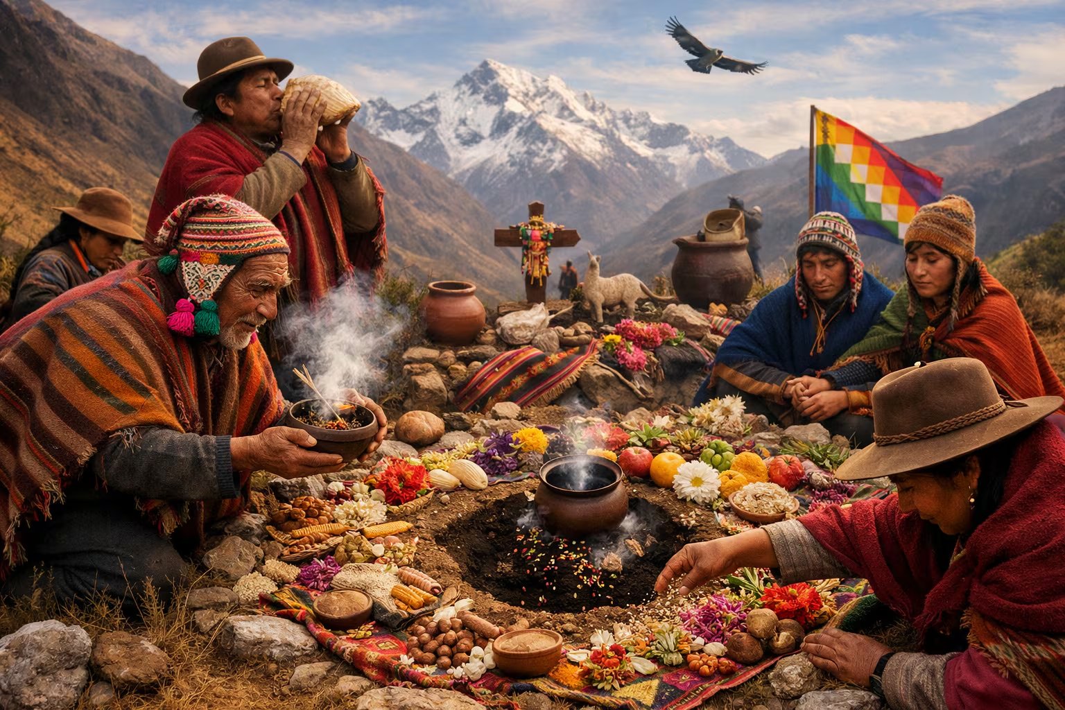 Comunidad andina realiza un ritual de agradecimiento a la Pachamama con ofrendas de productos agrícolas y flores alrededor de un fuego ceremonial en un paisaje montañoso. (Imagen Ilustrativa Infobae)