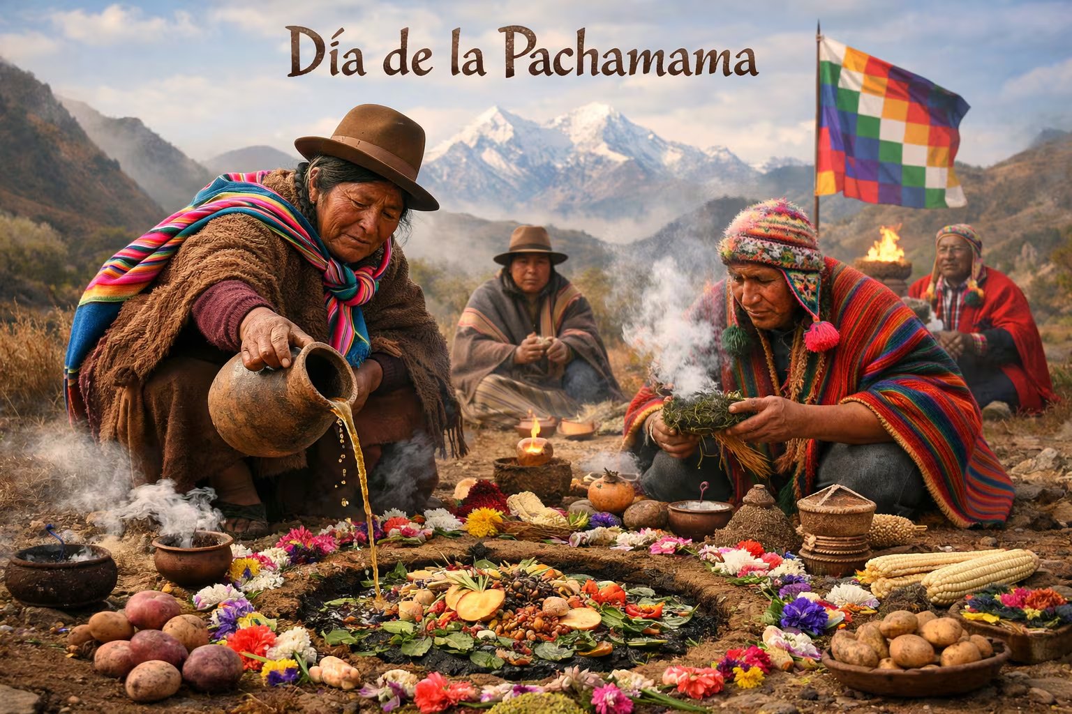 Miembros de una comunidad indígena realizan un ritual de ofrenda a la Madre Tierra durante la celebración del Día de la Pachamama en un entorno montañoso. (Imagen Ilustrativa Infobae)
